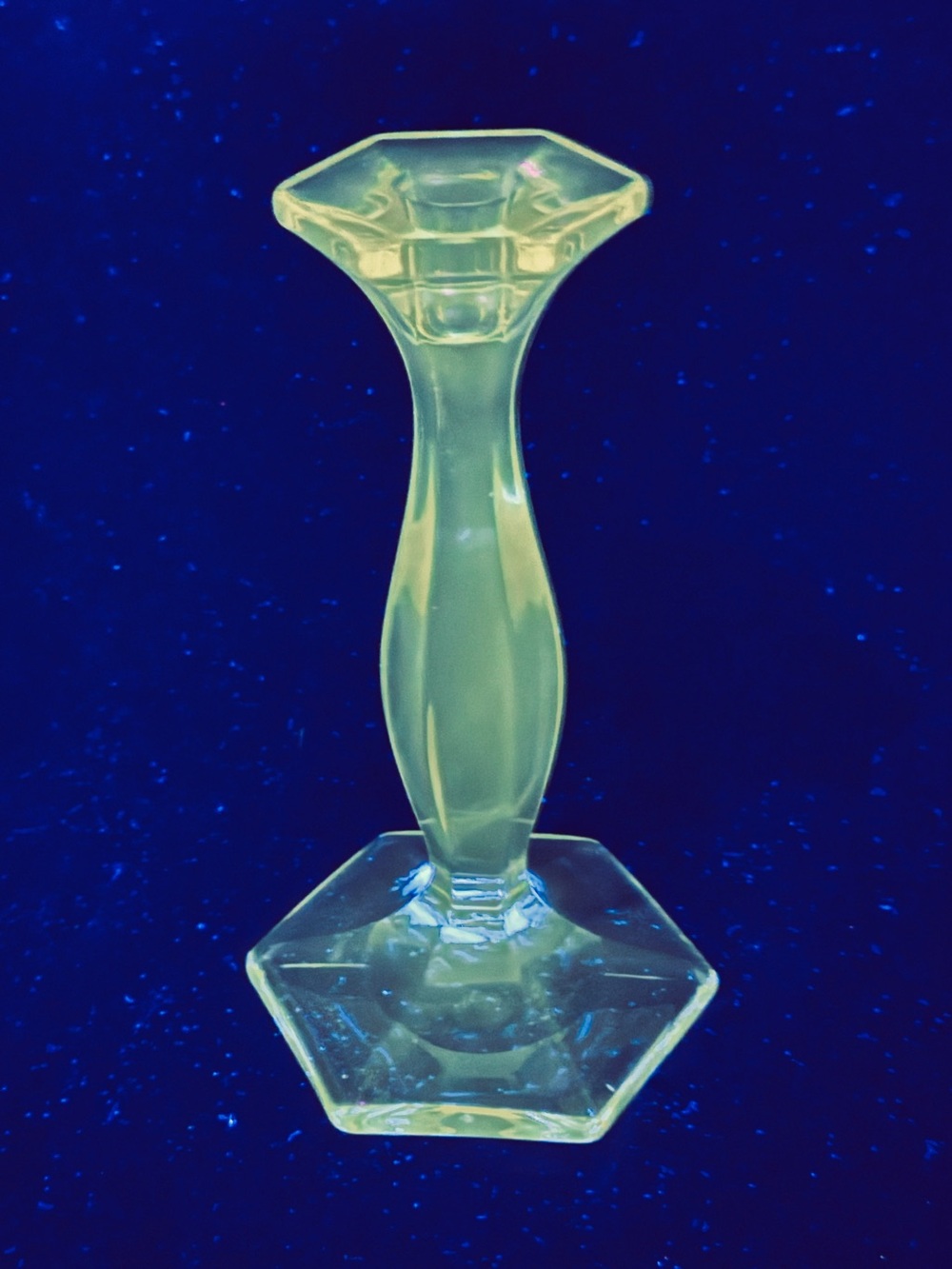 Vintage UV “Glow Glass” Candlestick Holder - Elegant Hex Base Accent